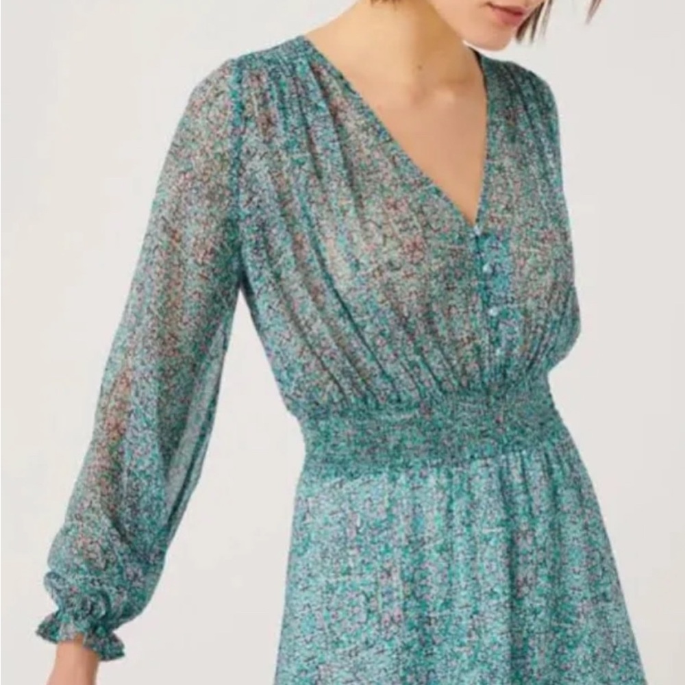 7 For All Mankind - Short Teal Floral Long Sleeve Midi Dress